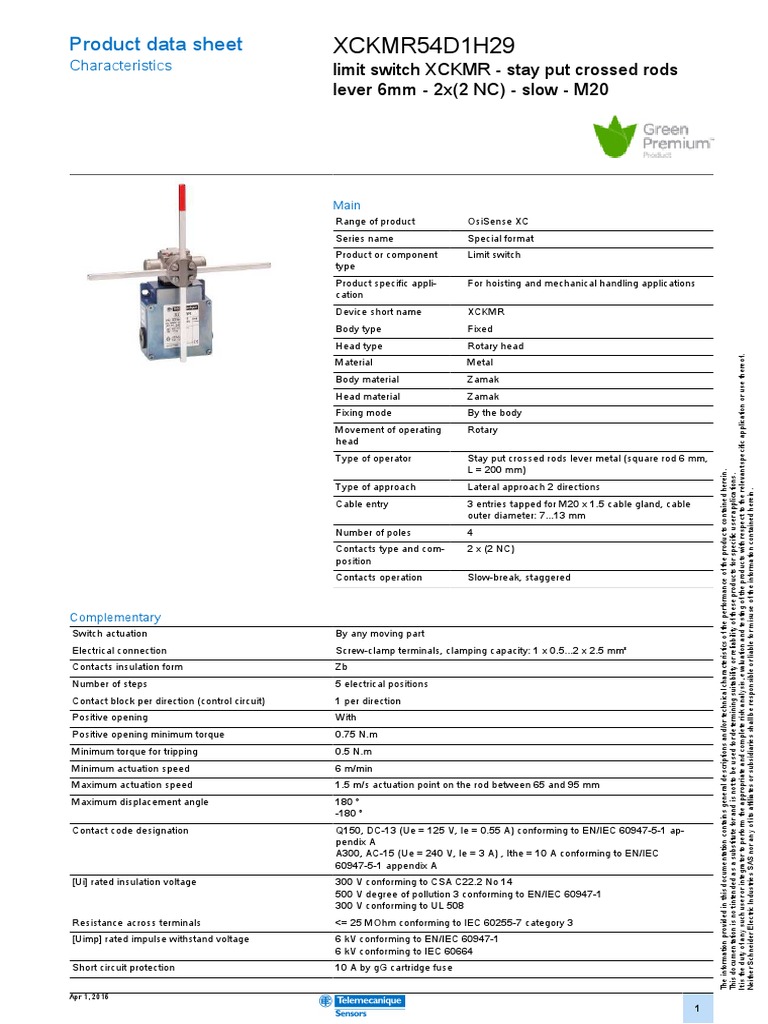 Limit Switch XCKMR54D1H29 Specs | PDF