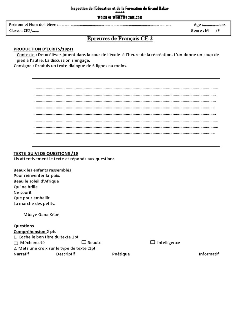évaluation Français Ce2 3ème Trimestre Pdf Epreuves Ce2 - 3e Trim 2017 Validees | PDF | Agriculture | La nature