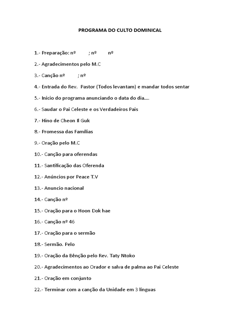 Programa do Culto Dominical | PDF | Gastronomia, comida e vinho ...