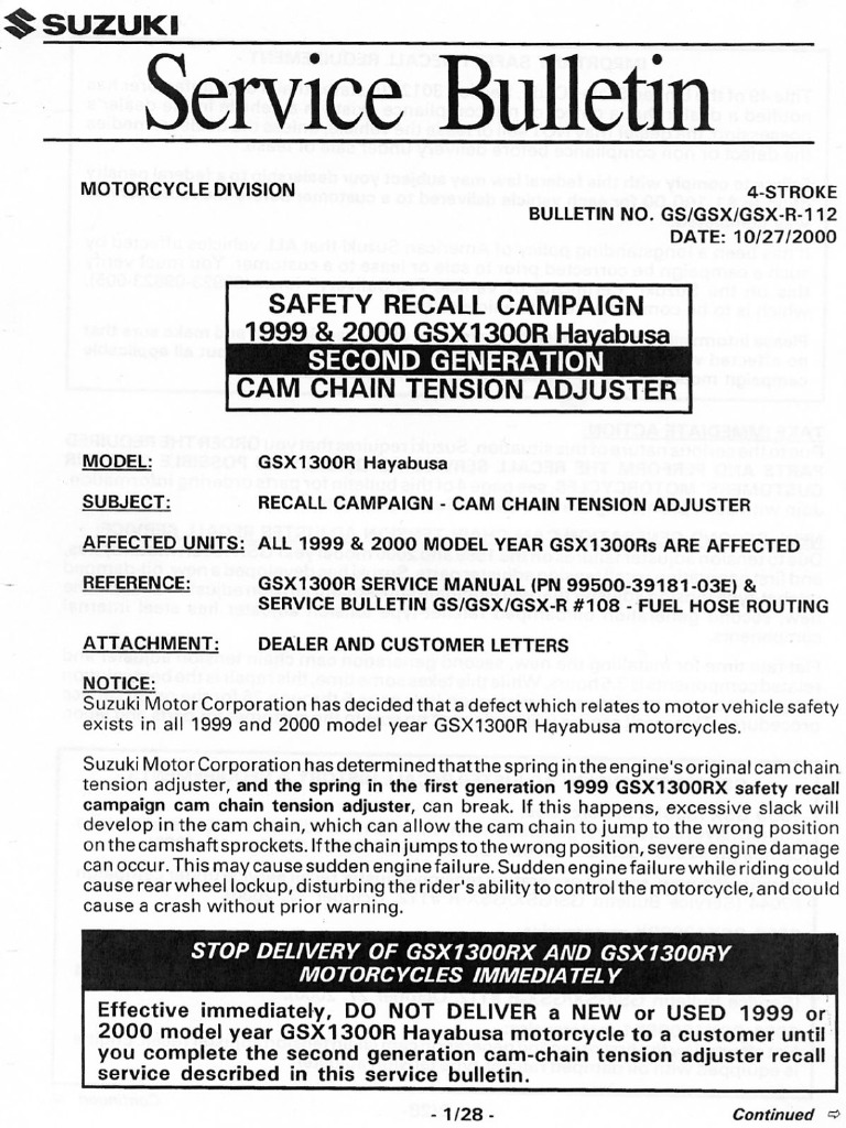 Suzuki GSX1300RX, Y Hayabusa '99'00 Cam Chain Tensioner Recall (Service Bulletin 112) PDF