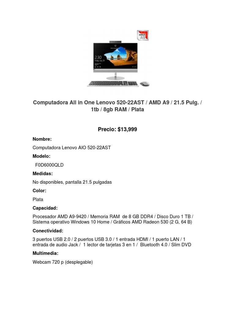 Computadora Lenovo AIO 520-22AST | PDF