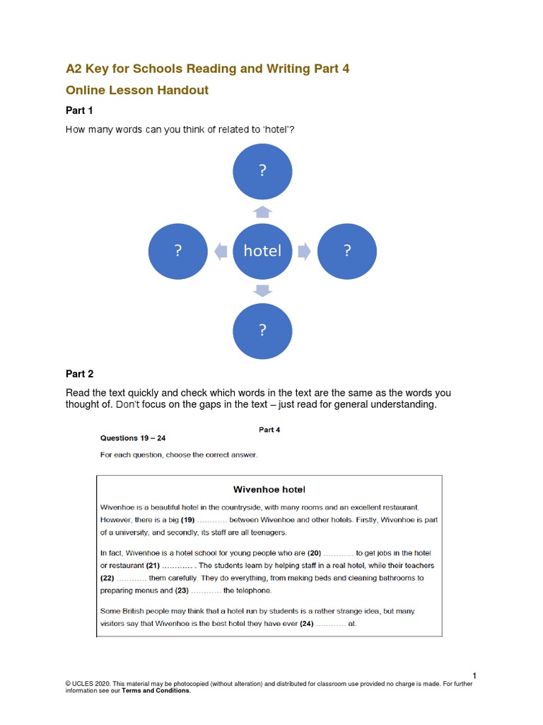 A2 Key For Schools Reading and Writing Part 4 Online Lesson Handout ...