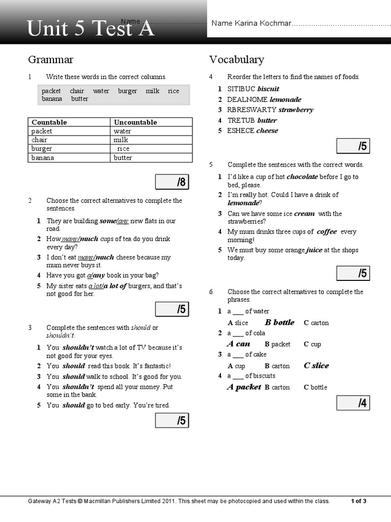 Unit 5 Test A: Grammar Vocabulary | PDF | Restaurants | Cuisine