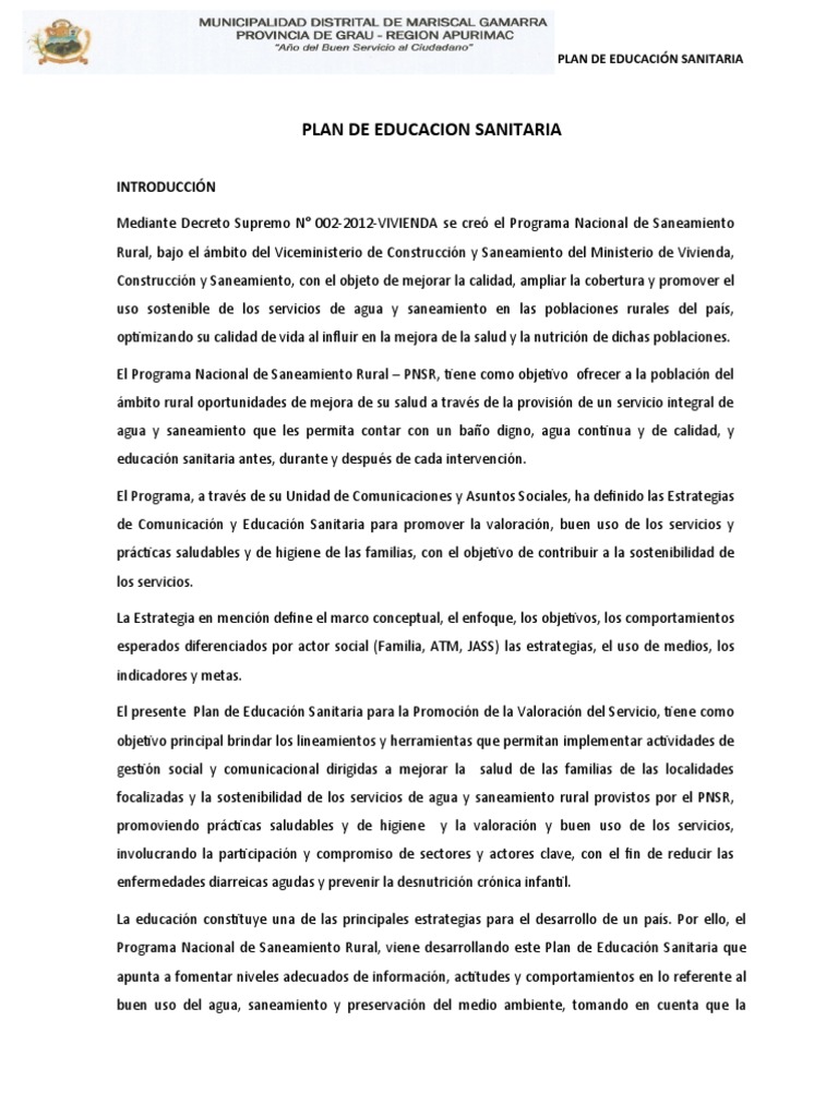Plan de Educacion Sanitaria | PDF | Saneamiento | Igualdad de género