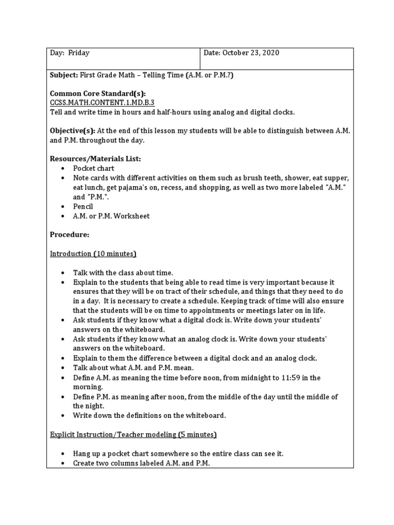 First Grade Math - Telling Time A | PDF | Teachers | Learning