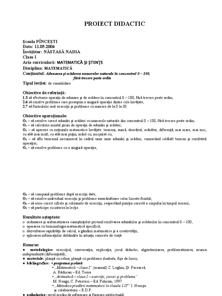 Proiect Didactic Matematica | PDF