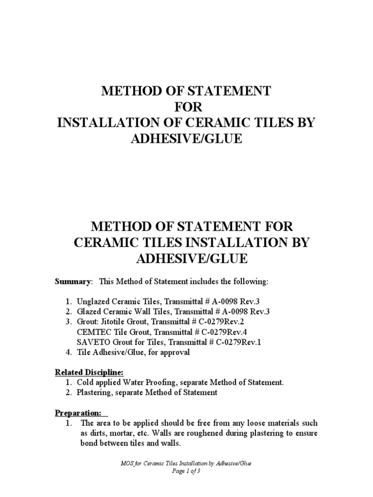 Ceramic Tile Installation Method Statement | PDF | Tile | Adhesive