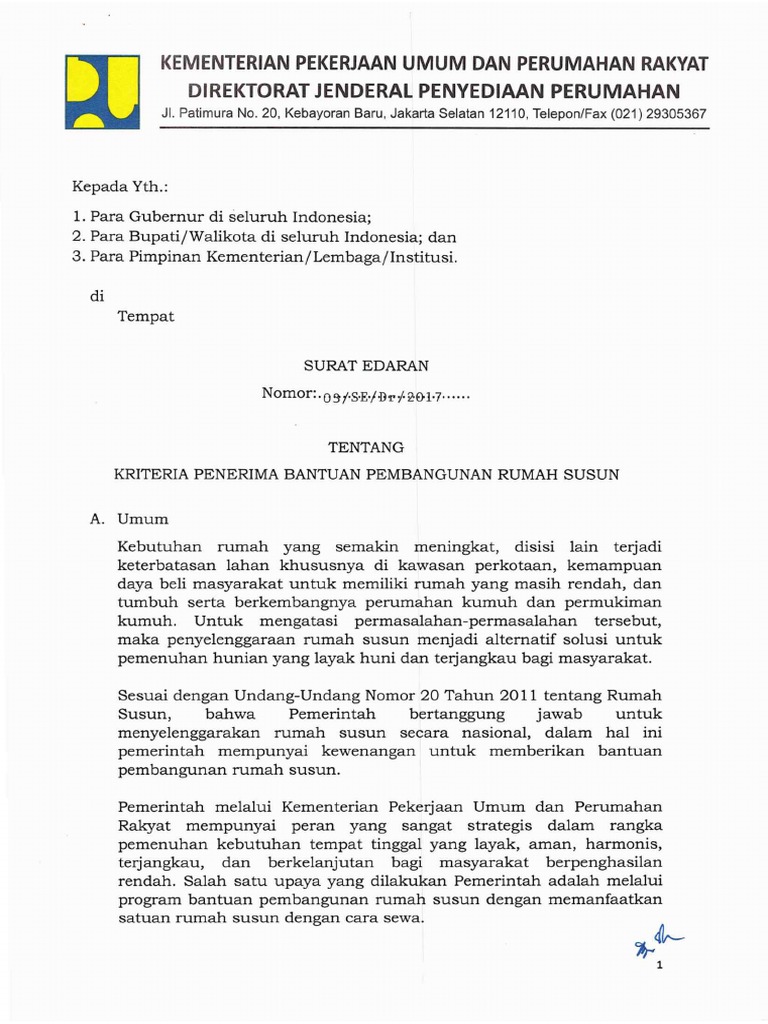 Surat Edaran Format Proposal Rusunawa Dari Dirjen PDF | PDF