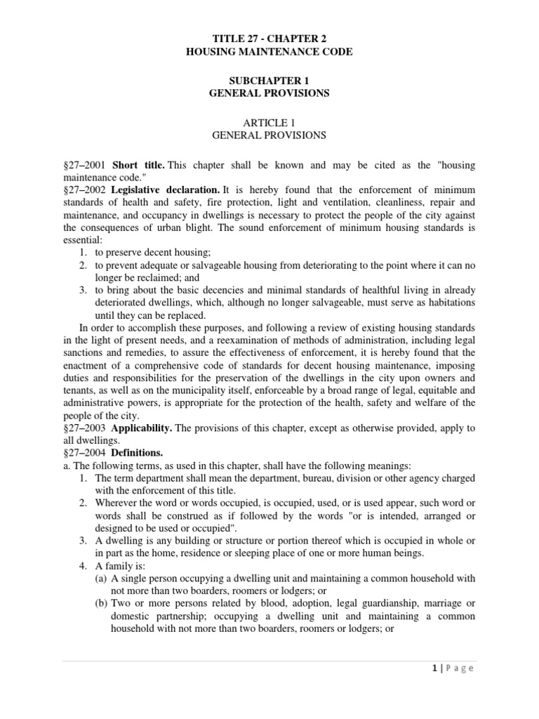 Title 27 Chapter 2 Housing Maintenance Code PDF Room Apartment