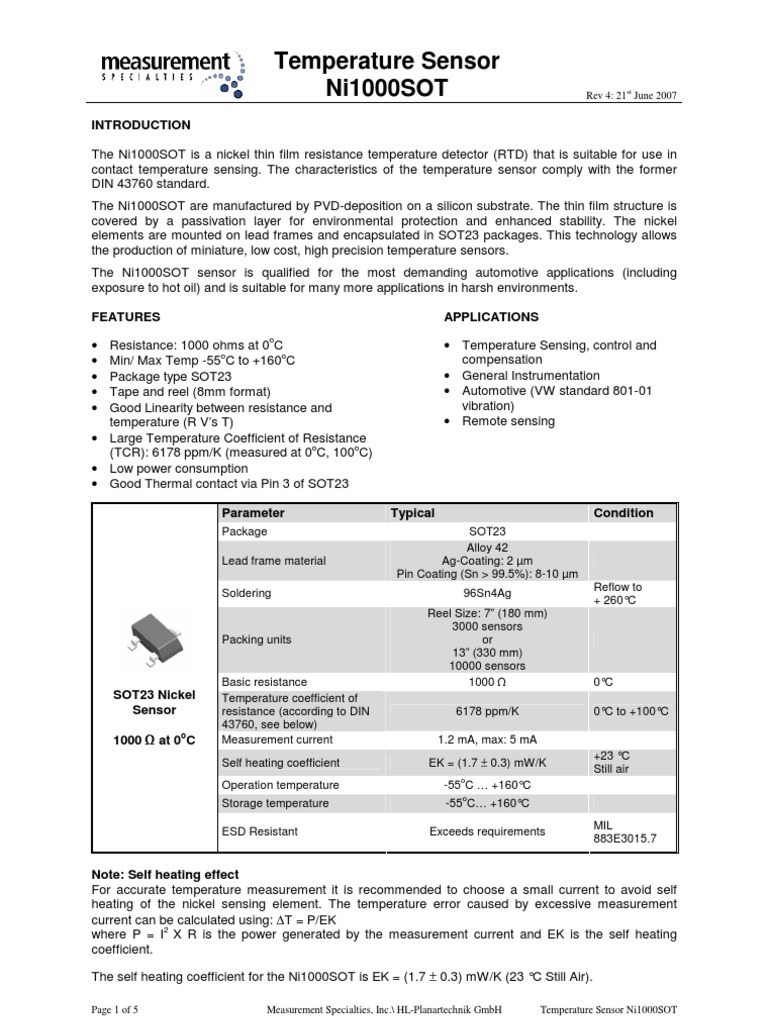 Ni1000SOT RTD Sensor Overview | PDF | Sensor | Thin Film