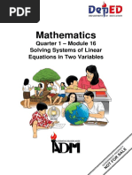 Mathematics: Quarter 1 - Module 16 Solving Systems of Linear Equations in Two Variables