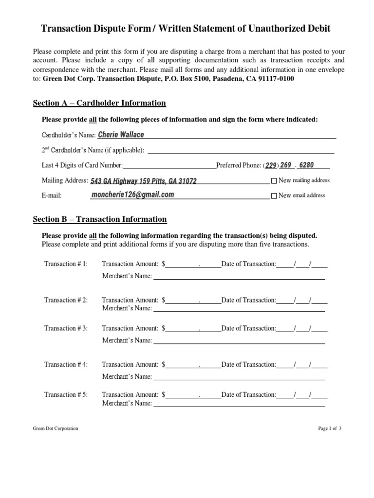 Unauthorized Debit Dispute Form | PDF | Debit Card | Credit Card