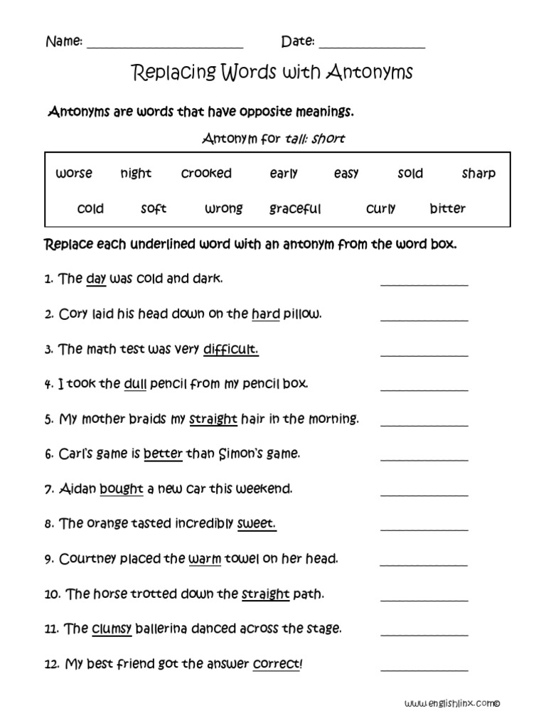 Replacing Words With Antonyms Worksheet | PDF
