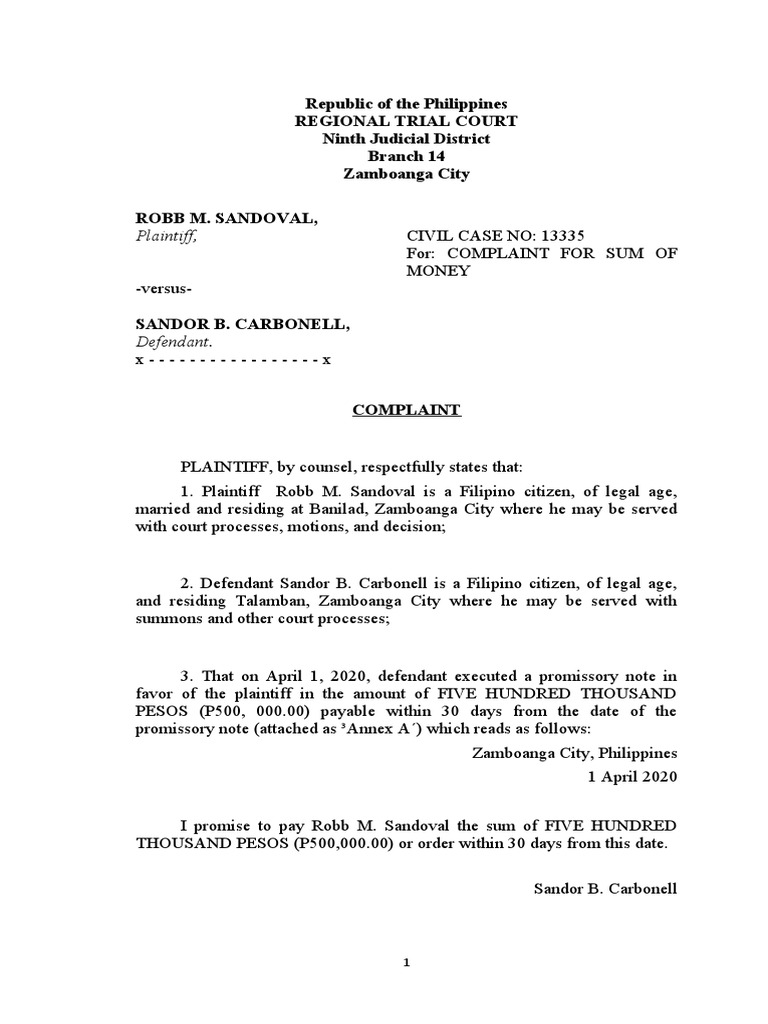 4-Complaint For Sum of Money | PDF | Complaint | Legal Procedure