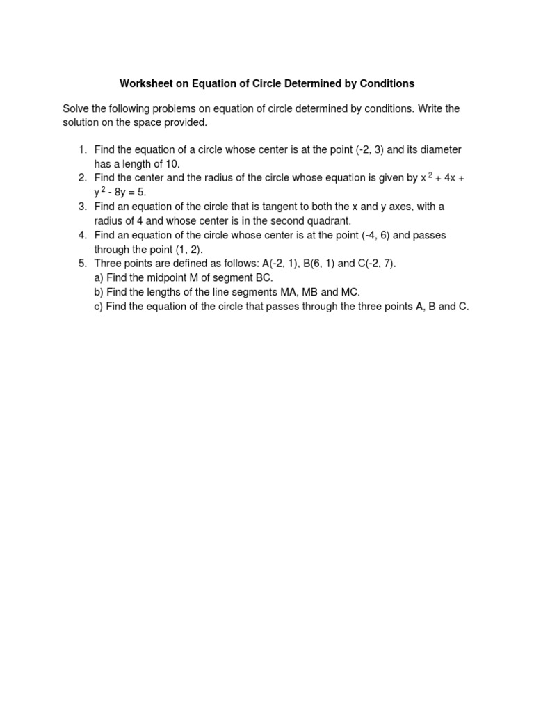 Worksheet On Equation of Circle Determined by Conditions PDF
