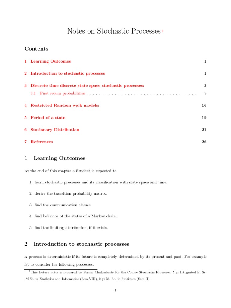 Notes On Stochastic Processes: 1 Learning Outcomes | PDF | Markov Chain ...