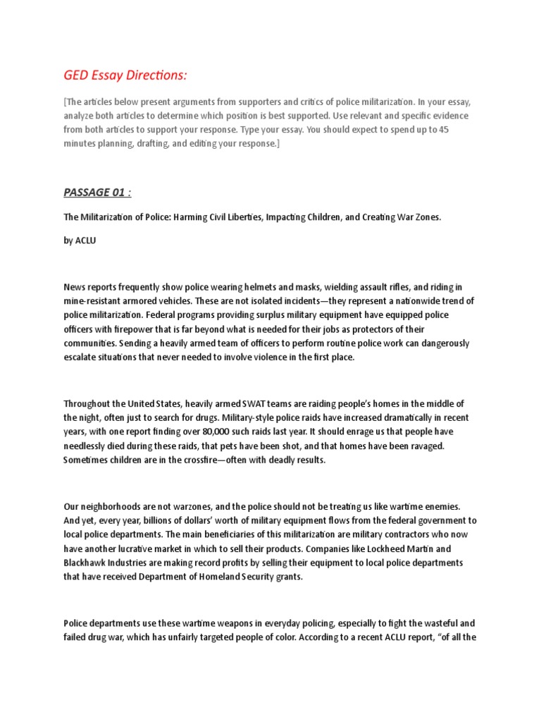 GED Essay Directions:: Passage 01 | PDF | Police | Crime & Violence
