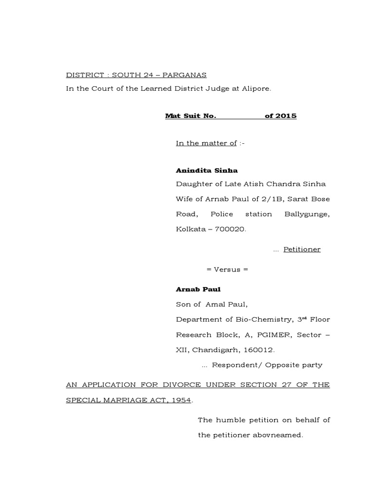 Divorce Petition under Special Marriage Act | PDF | Divorce | Marriage