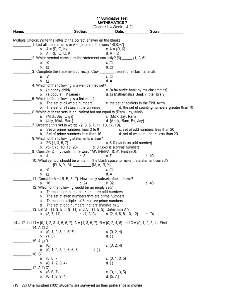 Math 7 Quarter 1 - Summative Test | PDF | Numbers | Prime Number
