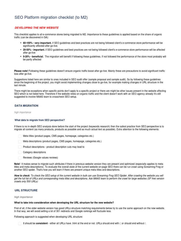 SEO Platform Migration Checklist (To M2) : Developing The New Website ...