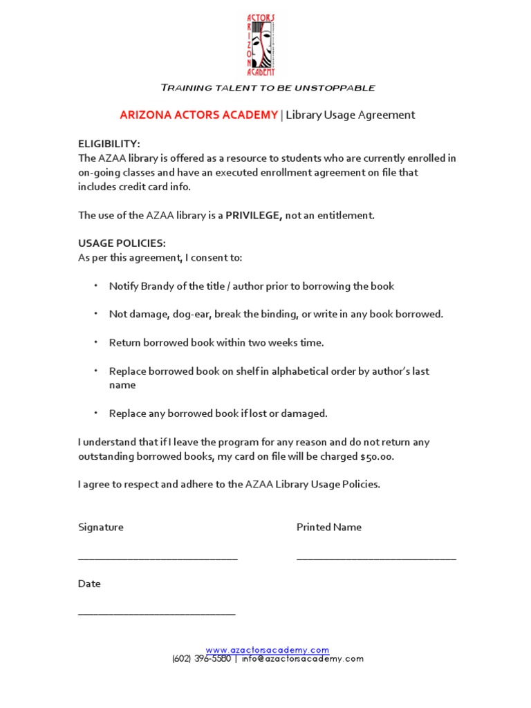 Arizona Actors Academy Library Agreement | PDF