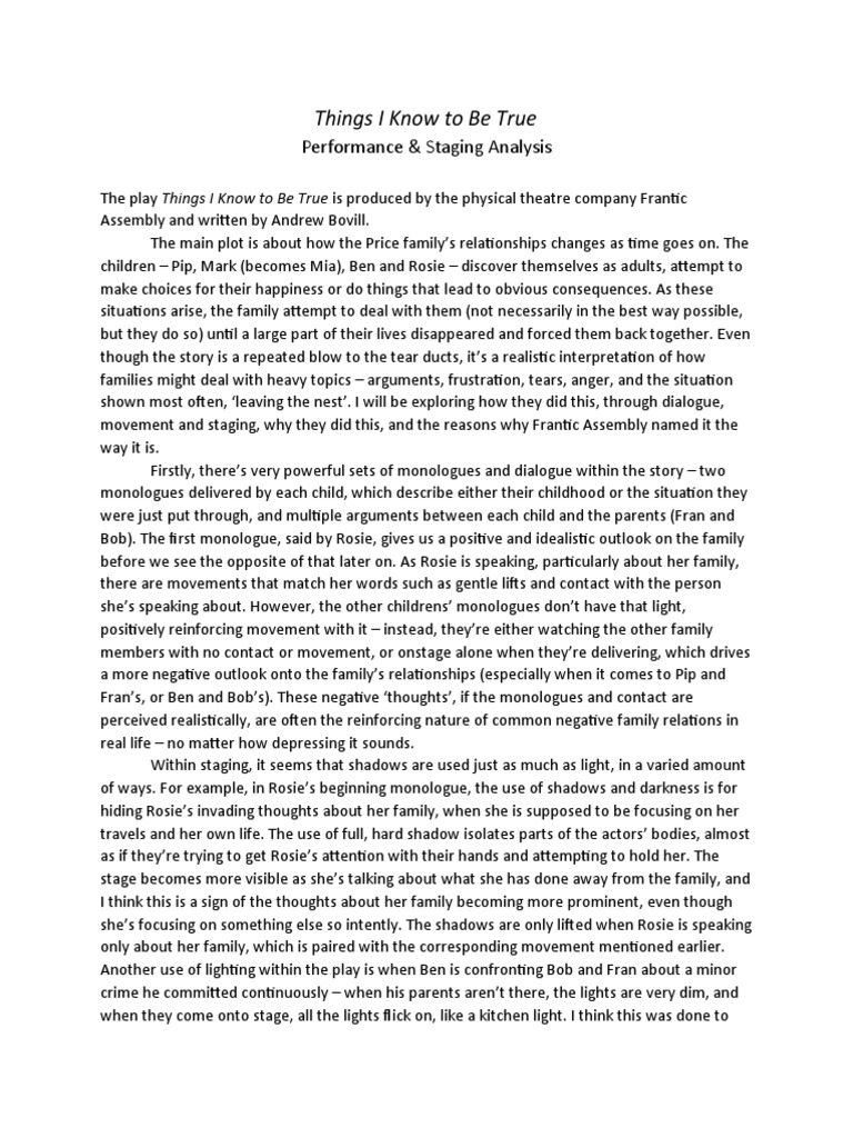 Things I Know To Be True Play Analysis Review PDF