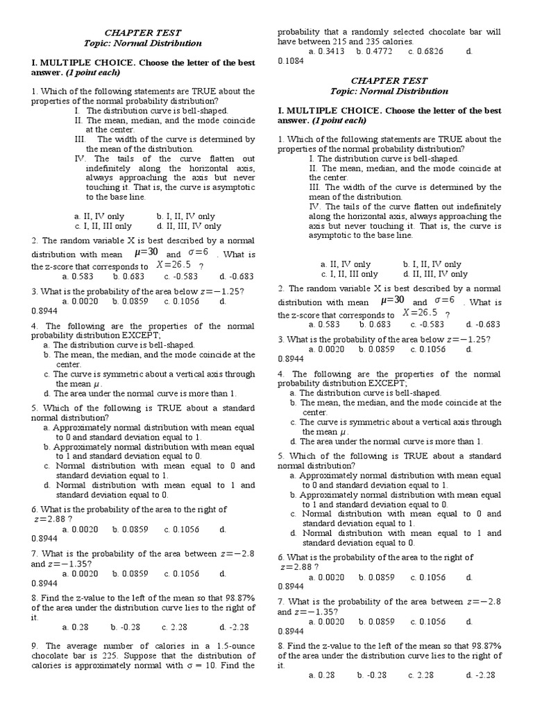 Chapter Test Topic Normal Distribution I Multiple Choice Choose The