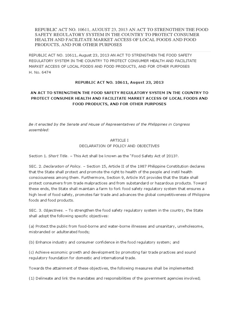 Ra 10611 Food Safety Act of 2013 PDF Food Safety Foods