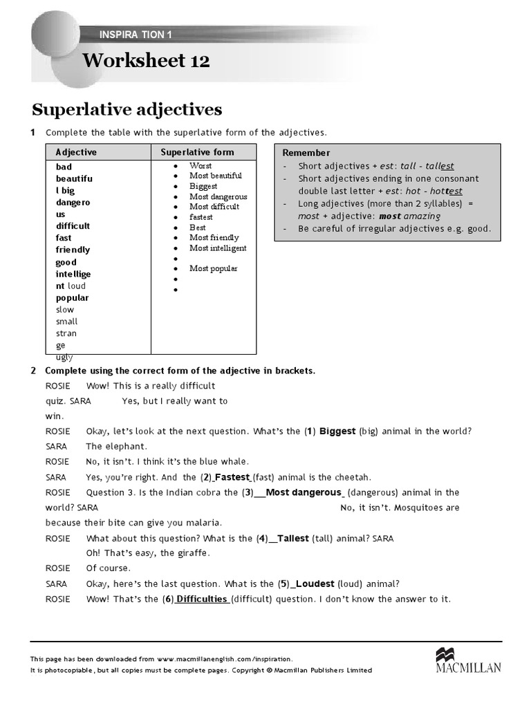 Worksheet 12: Superlative Adjectives | PDF | Young Adult