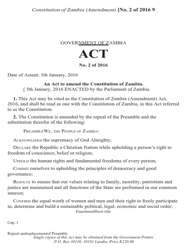 Constitution of zambia amendment 2016 act no 2 0 pdf bill