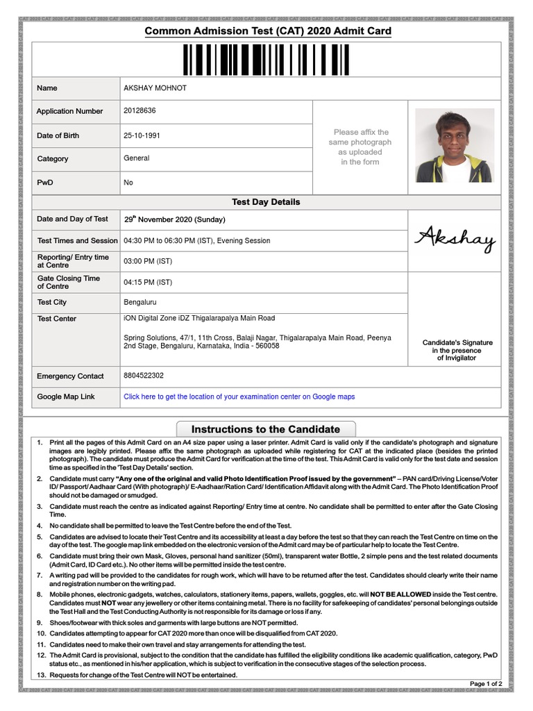 CAT 2020 Admit Card Instructions | PDF | Identity Document