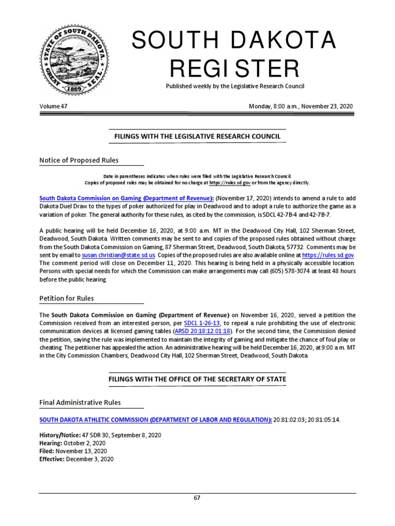 South Dakota Register Filings With The Legislative Research Council PDF Government Business