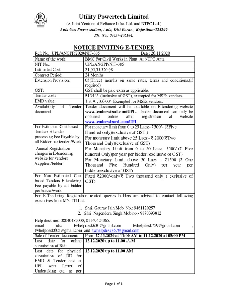 Utility Powertech Limited Notice Inviting ETender PDF Cheque Banks