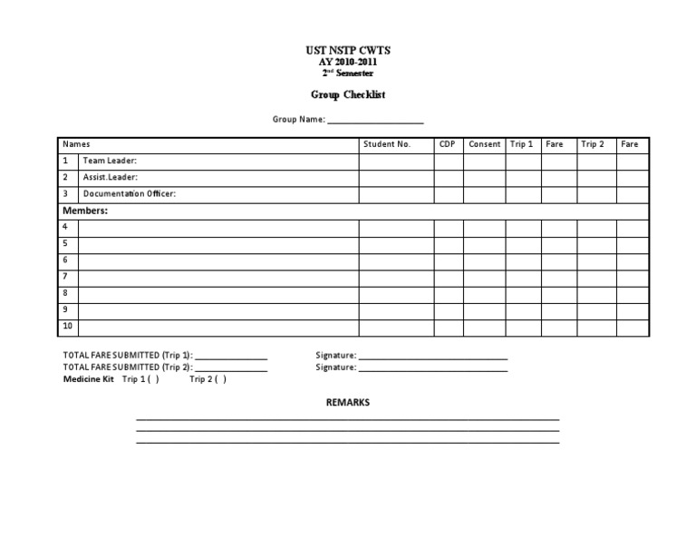 UST NSTP CWTS Group Checklist 2010-2011 | PDF