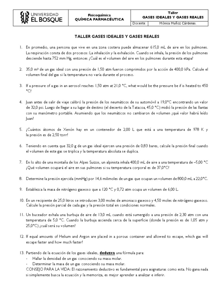 Taller sobre Gases Ideales y Reales | PDF | Gases | Mole (Unidad)
