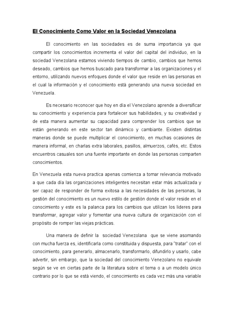 El Conocimiento Como Valor en La Sociedad Venezolana. | PDF | Ciencias ...