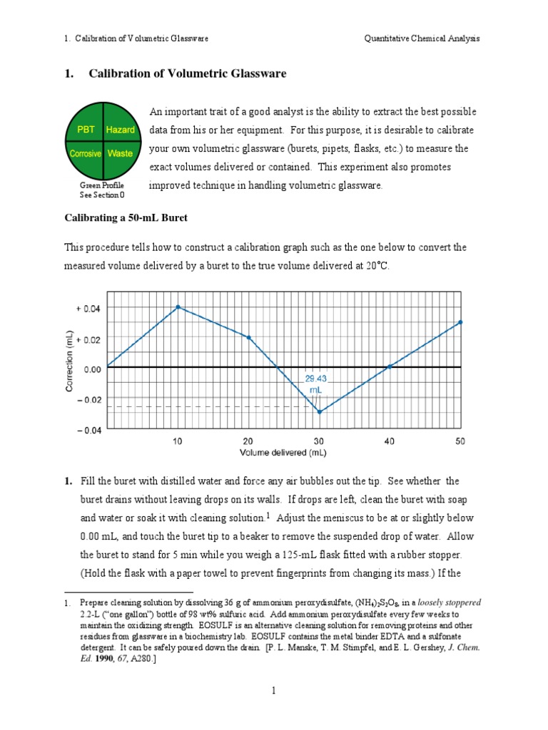 Calibration of Volumetric Glassware Calibrating A 50mL Buret PDF Calibration Chemistry