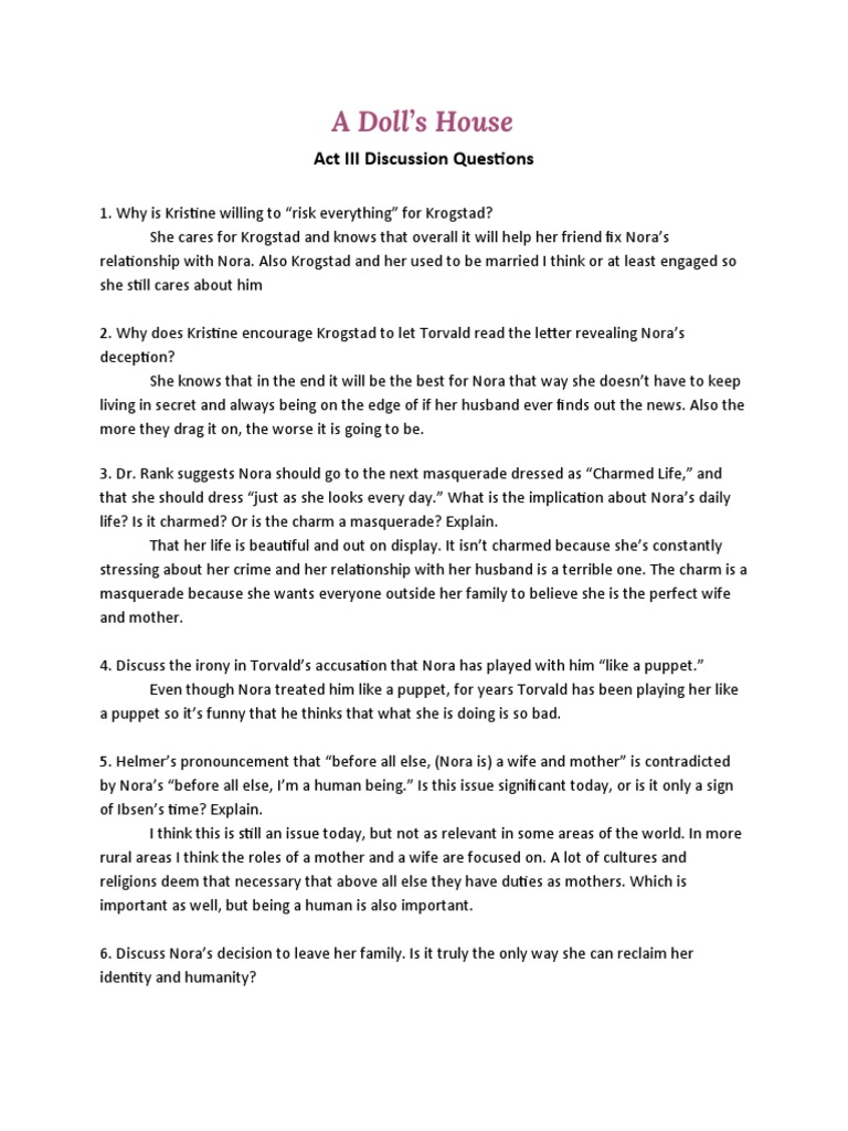 A Doll's House Act III Discussion Questions PDF