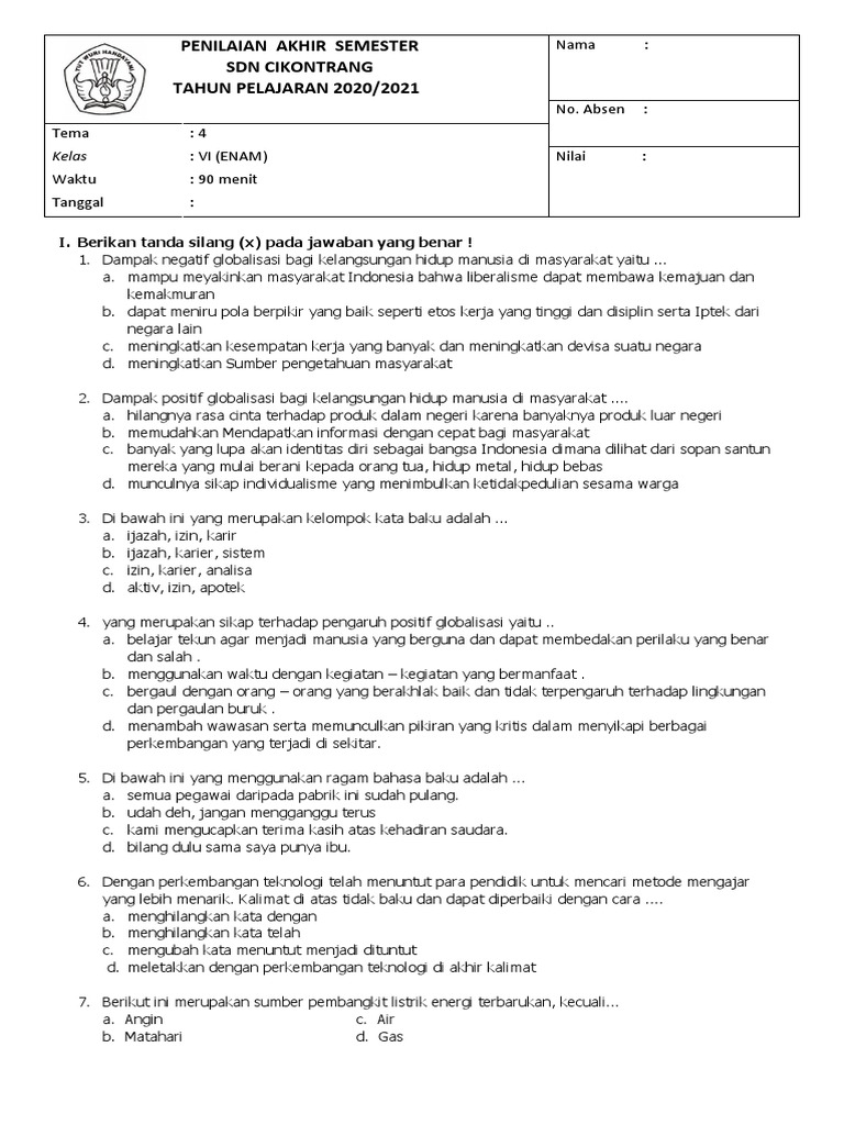 Contoh Soal Pas Kelas 6 Sem 1 Tema 4 Pdf