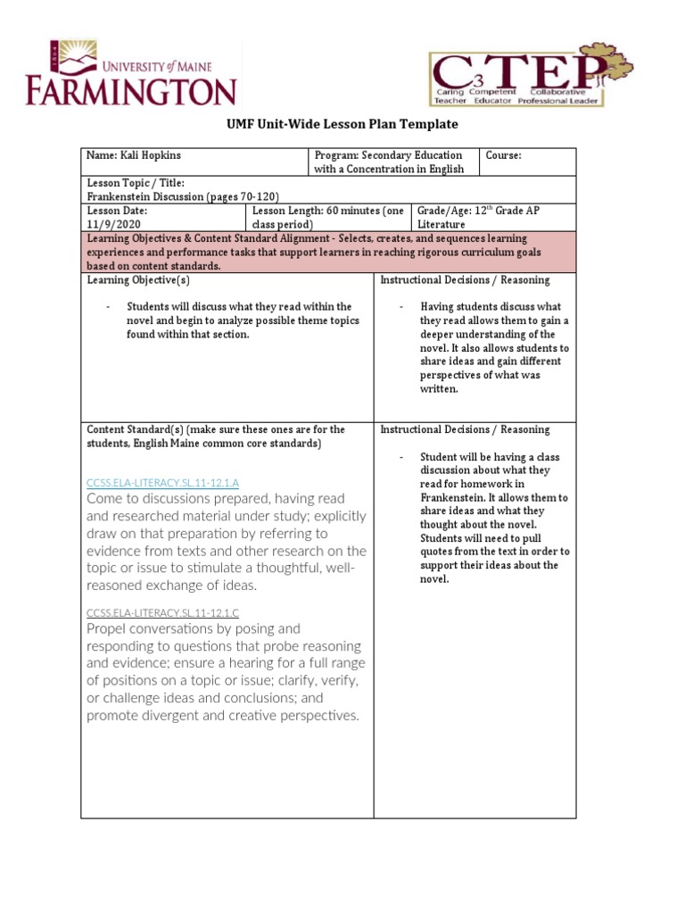 UMF Unit-Wide Lesson Plan Template: CCSS - ELA-LITERACY - SL.11-12.1.A ...
