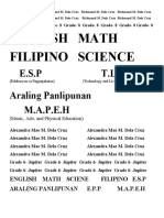 English Math Filipino Science: E.S.P T.L.E Araling Panlipunan M.A.P.E.H