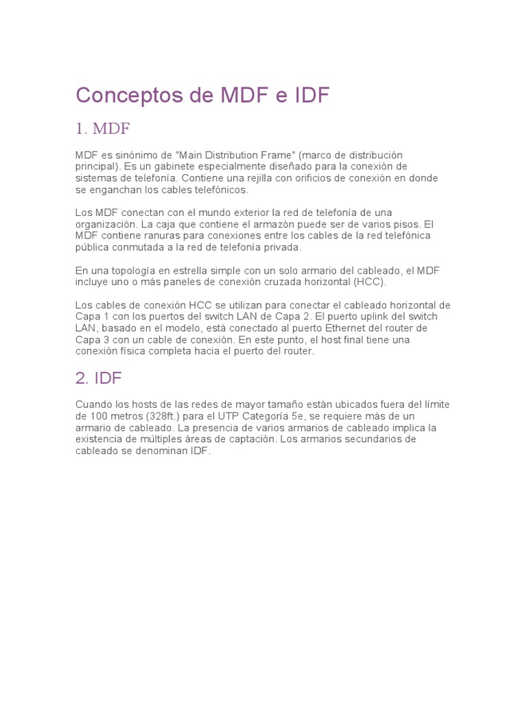 MDF e IDF en Redes: Conceptos Clave | PDF