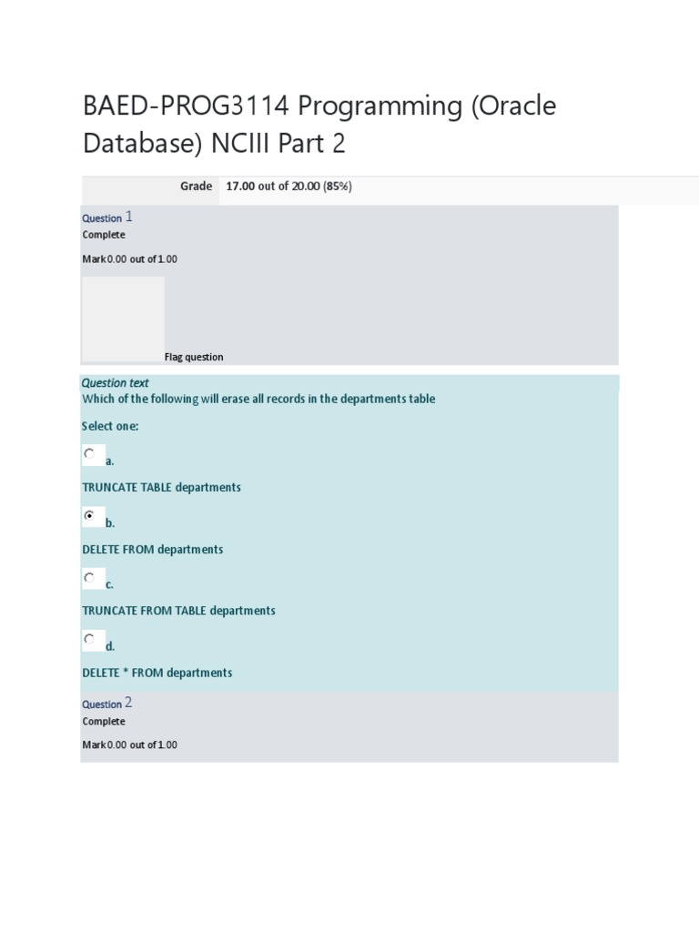 Oracle Database Programming Quiz | PDF | Databases | Table (Database)
