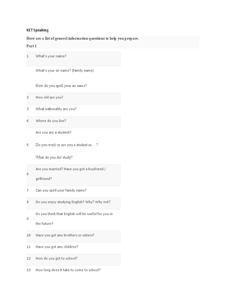 KET Speaking Test Preparation Guide | PDF