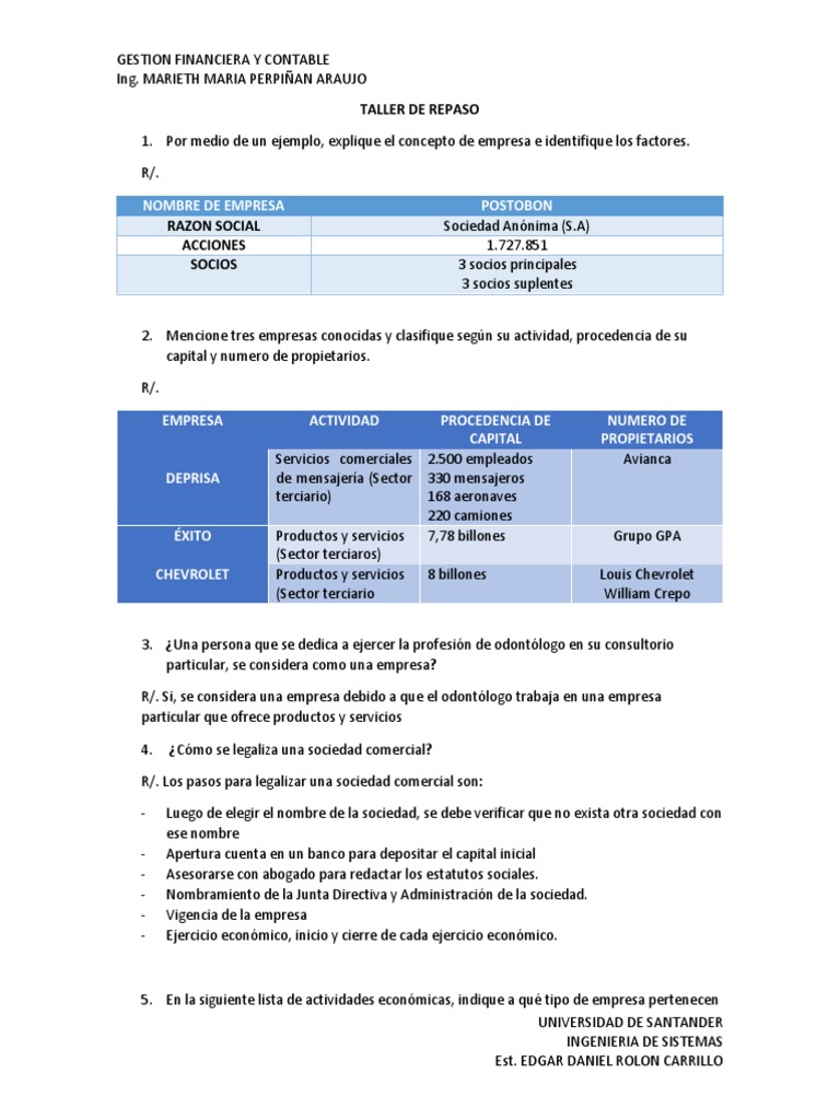 Taller de Repaso - Gestion Contable y Financiera | PDF | Economias ...