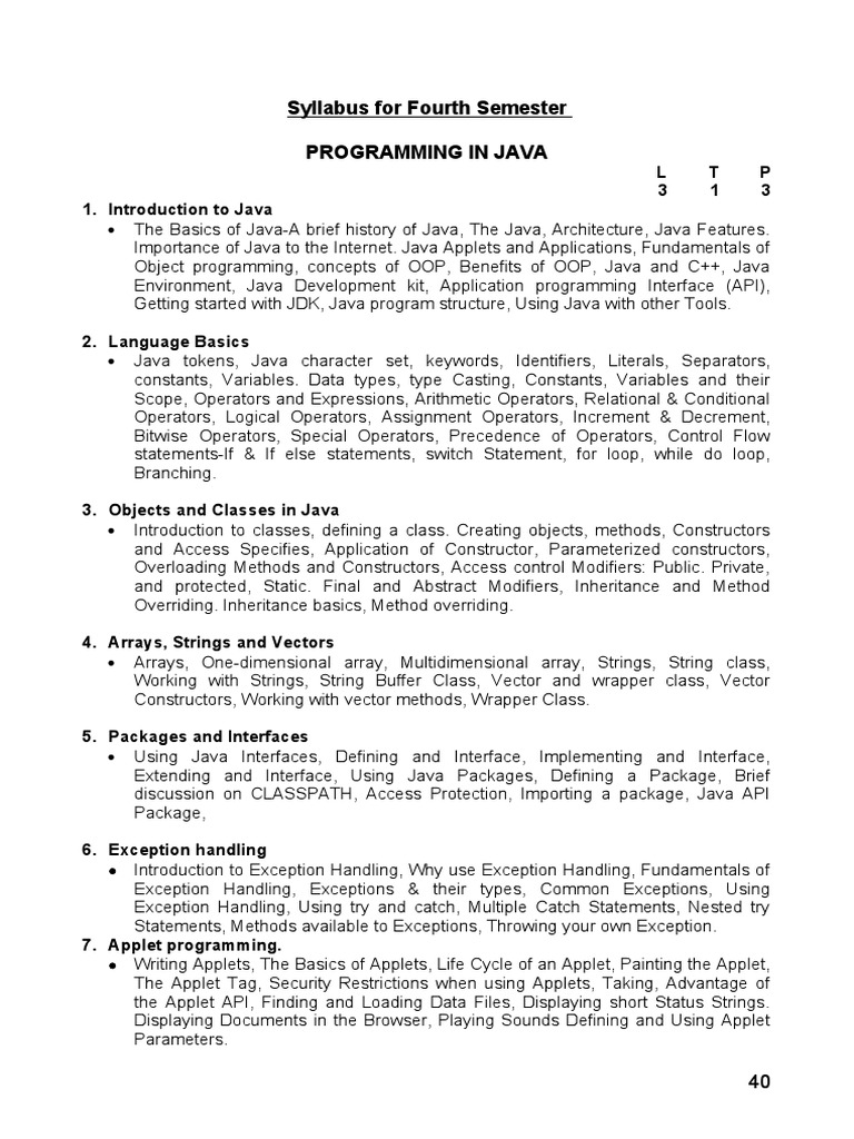 Syllabus For Fourth Semester Programming in Java: L T P 3 1 3 1 ...