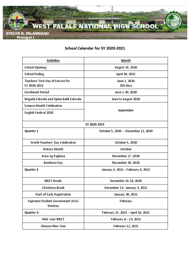School Calendar For SY 2020-2021: Activities Month | PDF