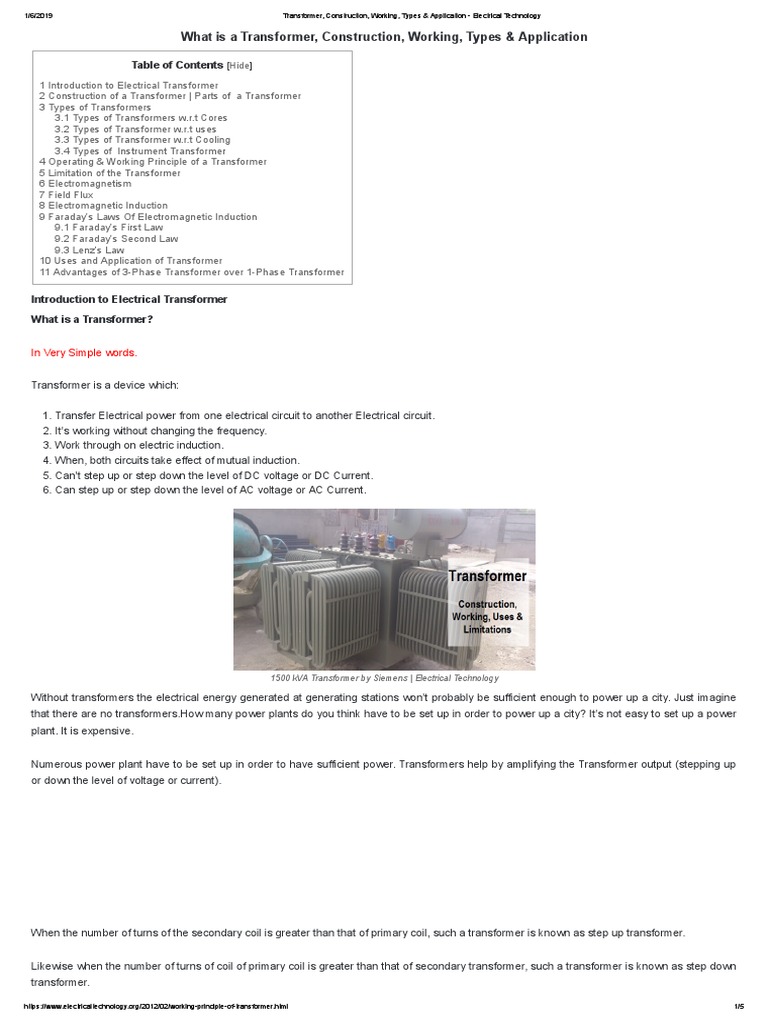 Transformer: Construction, Working & Uses | PDF | Electromagnetic ...