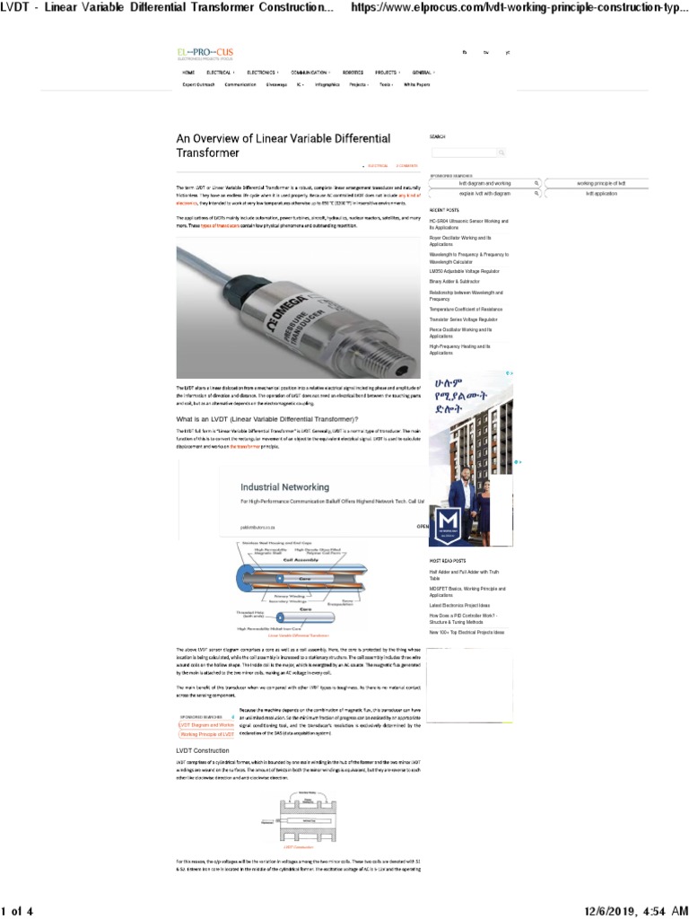 LVDT - Linear Variable Differential Transformer Construction, Working ...