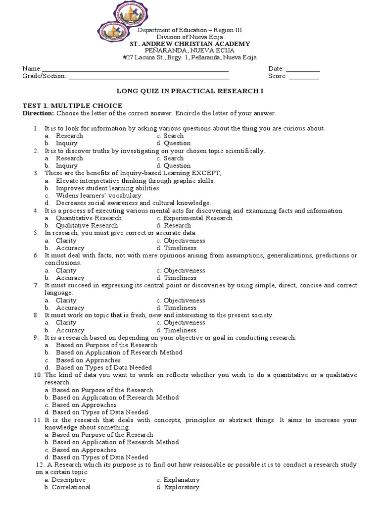 Long Quiz in Practical Research I Test 1. Multiple Choice Direction ...